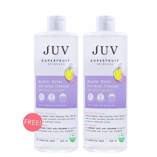 Juv ซื้อ 1 ชิ้น ฟรี 1 ชิ้น !! Micellar Water Anti - Acne Cleanser 500 ml. คลีนเซอร์สูตร Natural 100% ช่วยทำความสะอาดเมคอัพ กันแดด ความมัน และสิ่งสกปรก PM 2.5